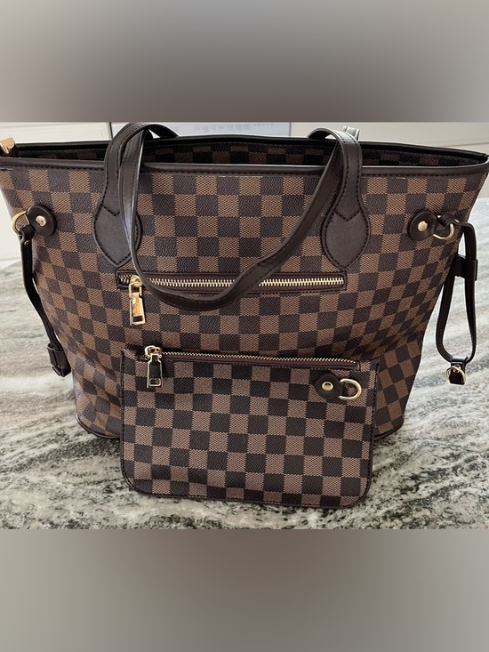 Handbags - Brown Checkered Tote Handbag with Zippered Pouch